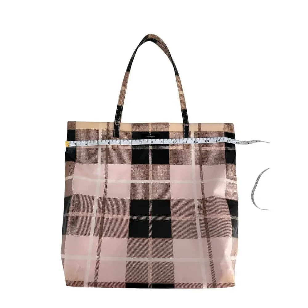 Kate Spade Bon Shopper Plaid Tote Bag Cream Taupe Coated Canvas